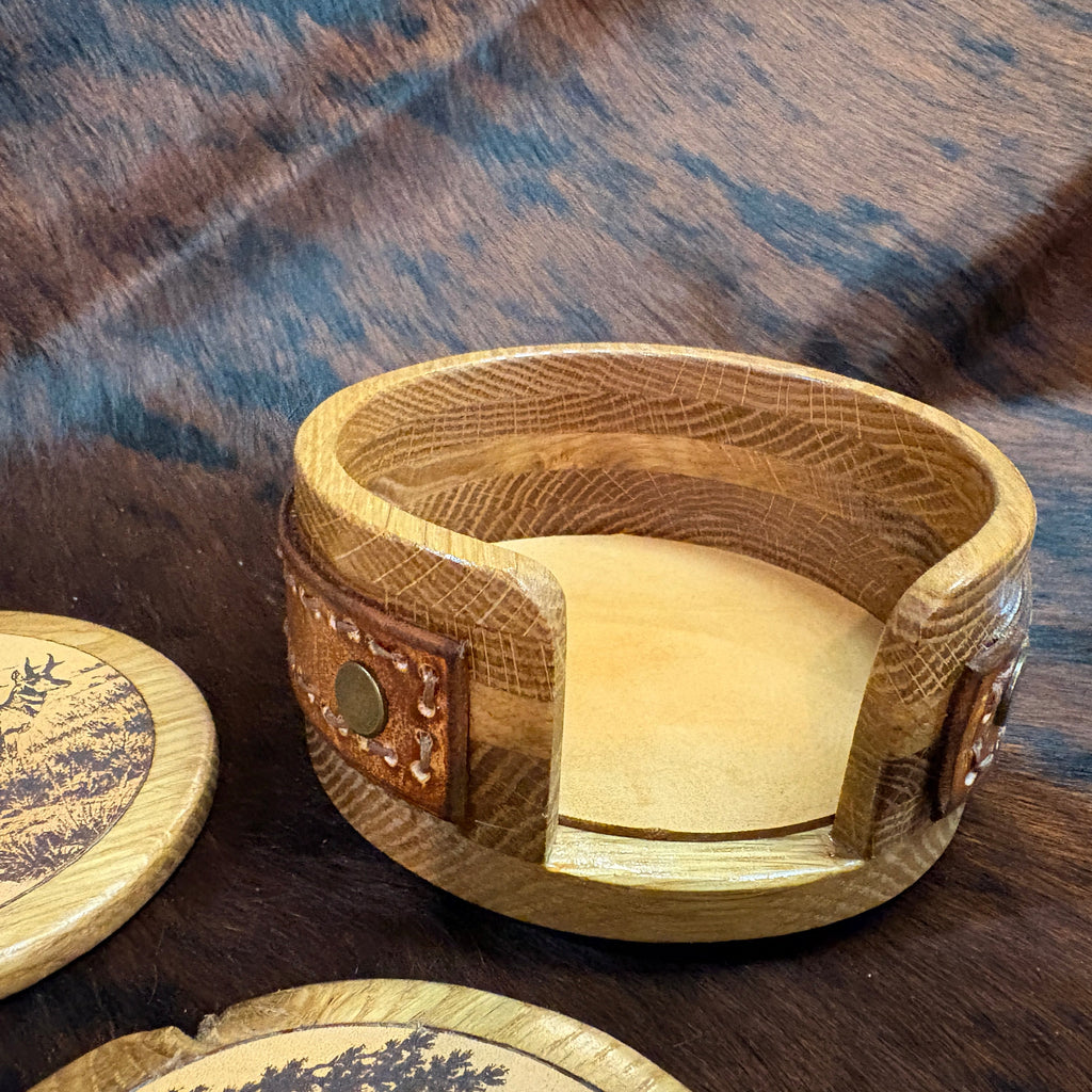 Handmade Rustic Oak & Leather Coaster Set, 4 Piece Set