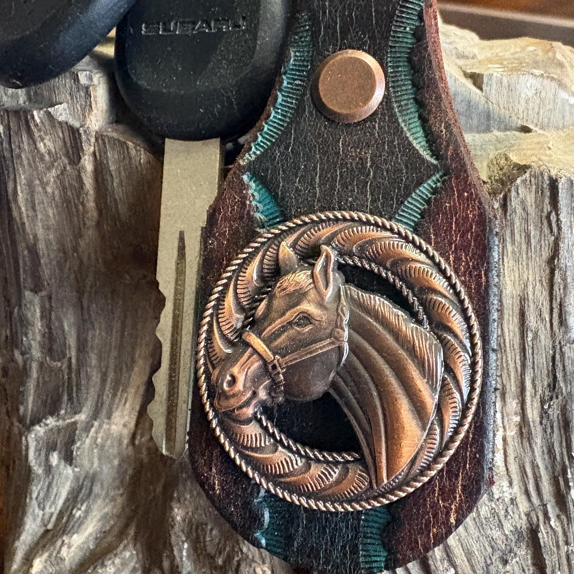 Horse Keychain: Handmade Leather Key Fob, Copper, Bronco, Mare, Concho