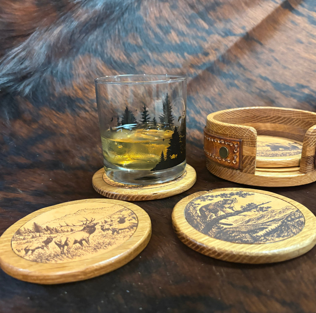 Handmade Rustic Oak & Leather Coaster Set, 4 Piece Set