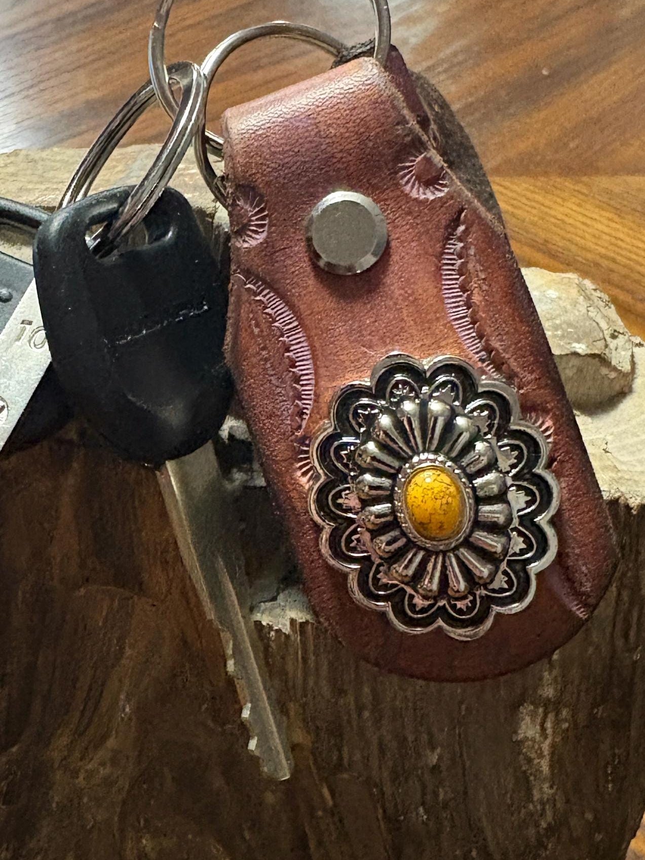 Floral Keychain: Handmade Leather Floral Keychain, Brown and Pink Flower Key Fob