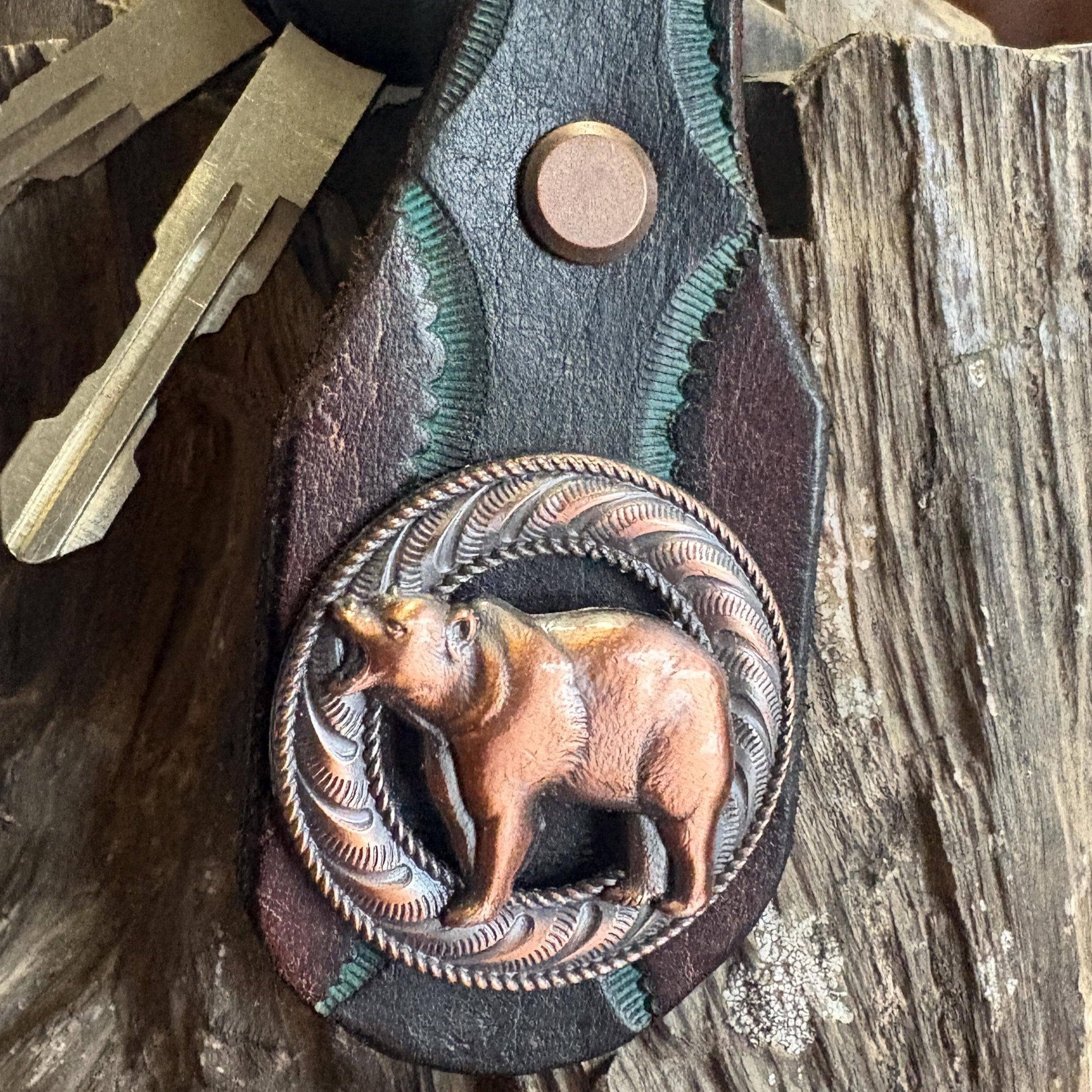 Bear Keychain, Grizzly Key Fob, Handmade Tooled Leather, Western Style