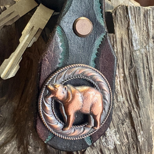 Bear Keychain, Grizzly Key Fob, Handmade Tooled Leather, Western Style
