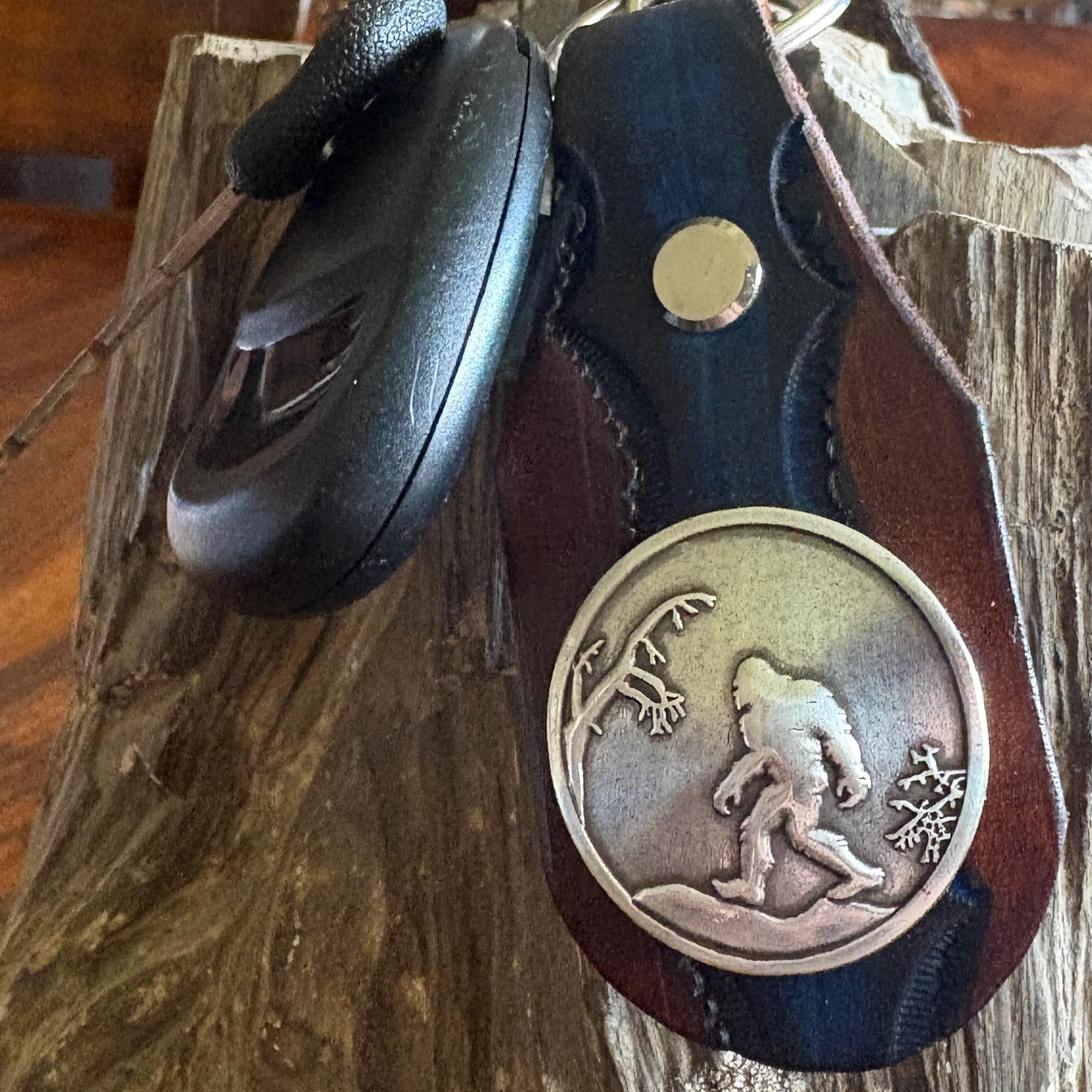 Sasquatch Handmade Leather Keychain: Tooled Bigfoot Accessory Brown and Blue