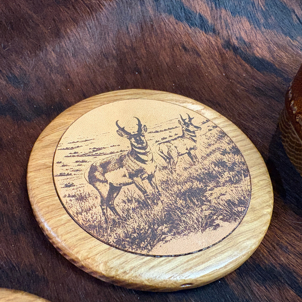 Handmade Rustic Oak & Leather Coaster Set, 4 Piece Set