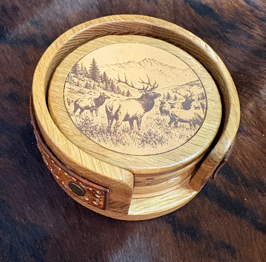 Handmade Rustic Oak & Leather Coaster Set, 4 Piece Set