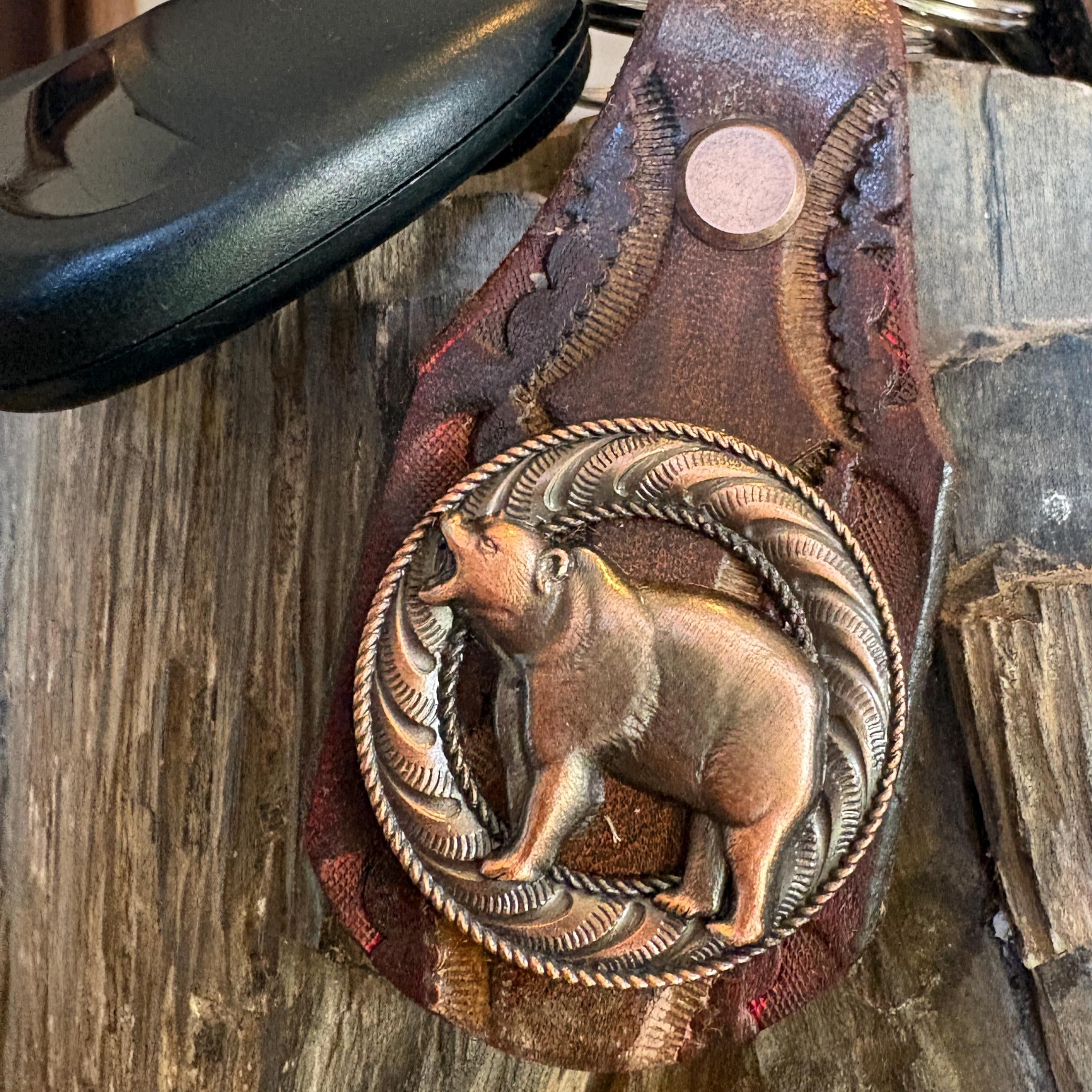 Leather Bear Keychain, Grizzley bear Keychain, Handmade Leather key ring, Bear, Grizzley, Western Style Brown Burgundy