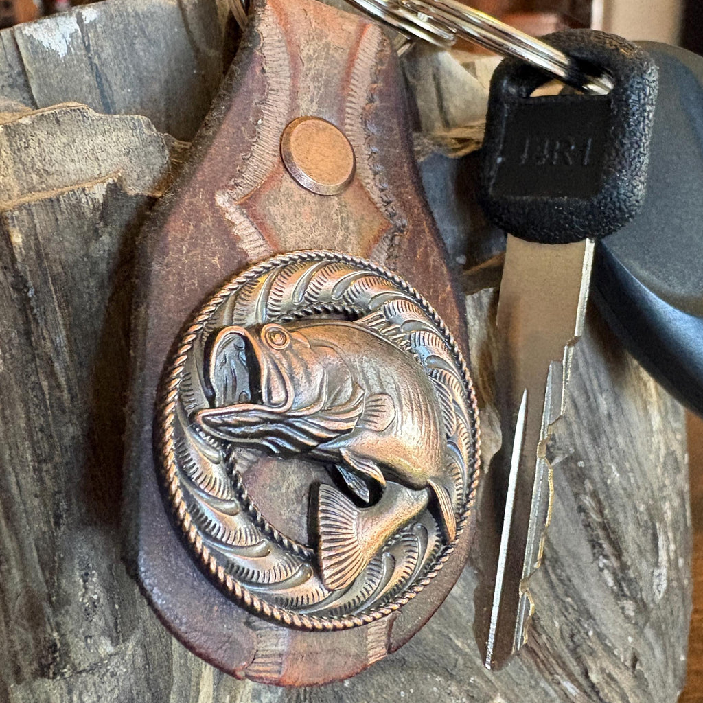 Large Mouth Bass Fishing Keychain, Handmade Leather Key Ring