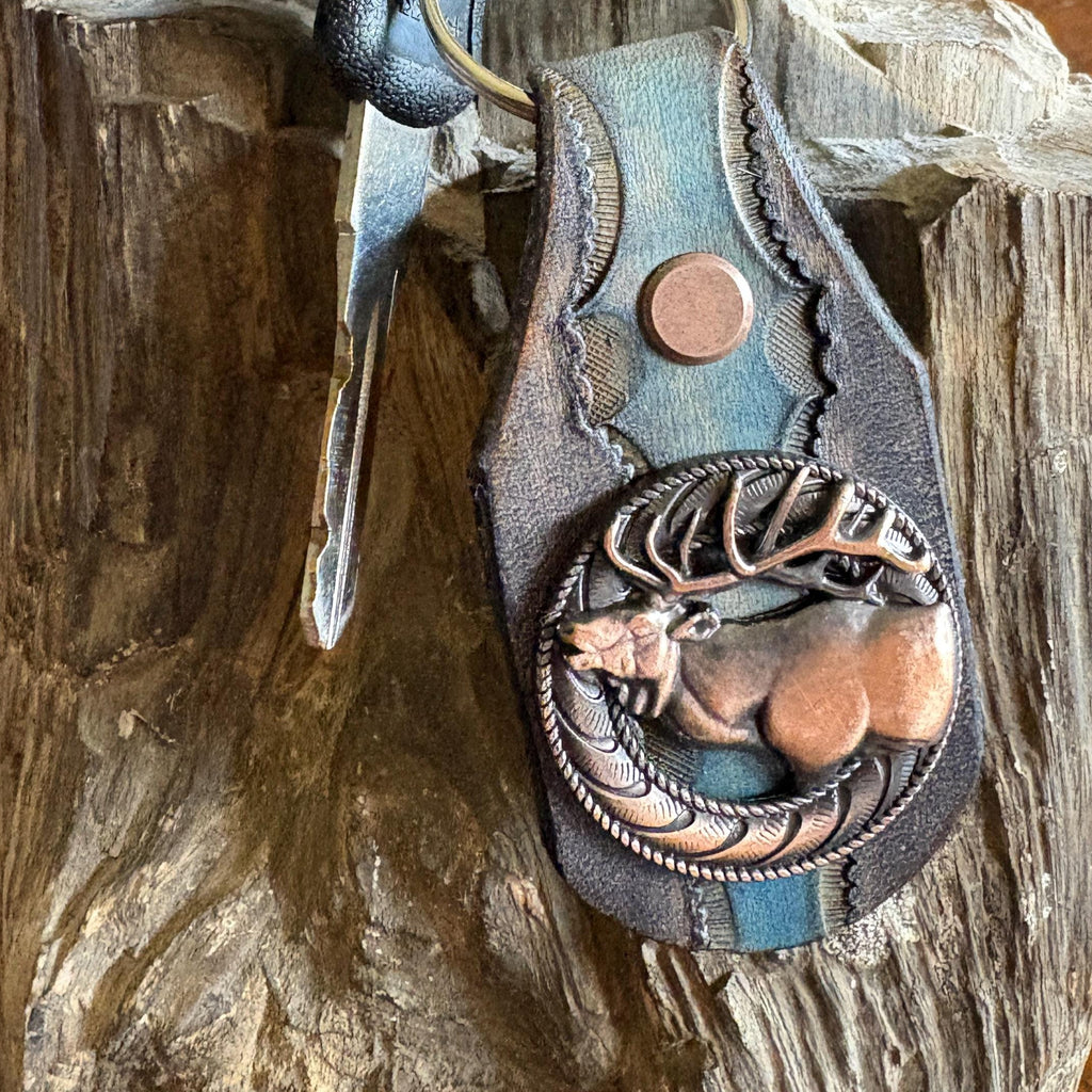 Elk Keychain: Handmade Leather Wildlife Key Fob, Copper Concho, Western Style