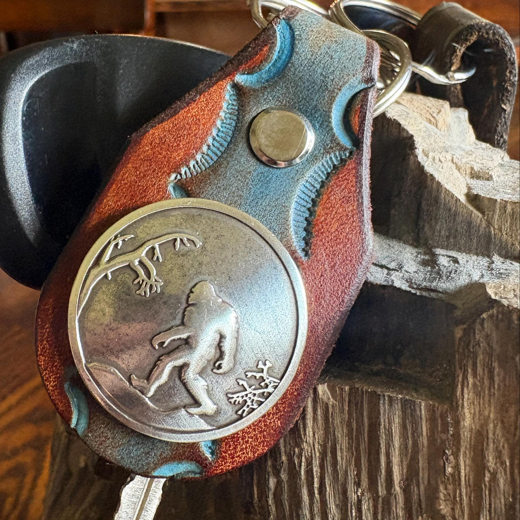 Sasquatch Handmade Leather Keychain: Tooled Bigfoot Accessory Brown and Turquoise