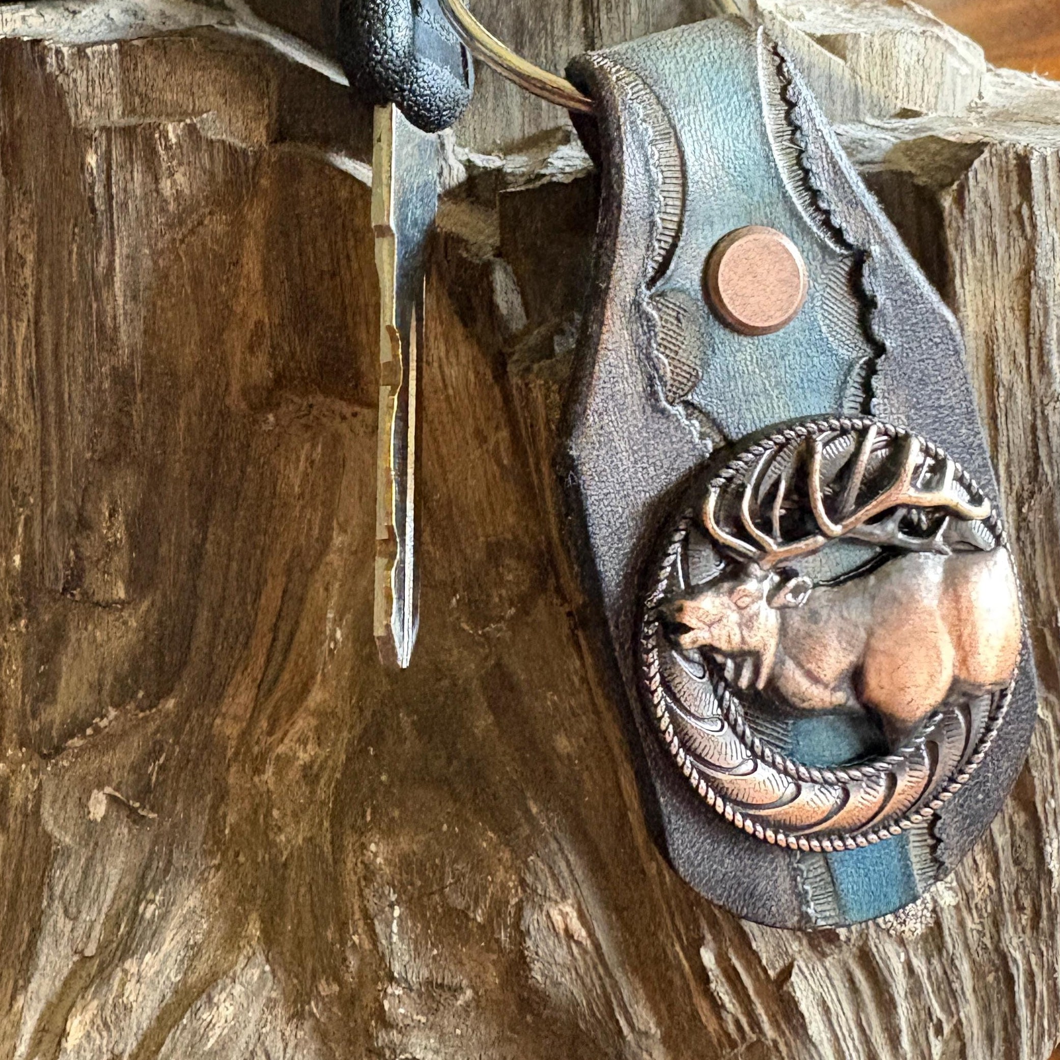 Elk Keychain: Handmade Leather Wildlife Key Fob, Copper Concho, Western Style