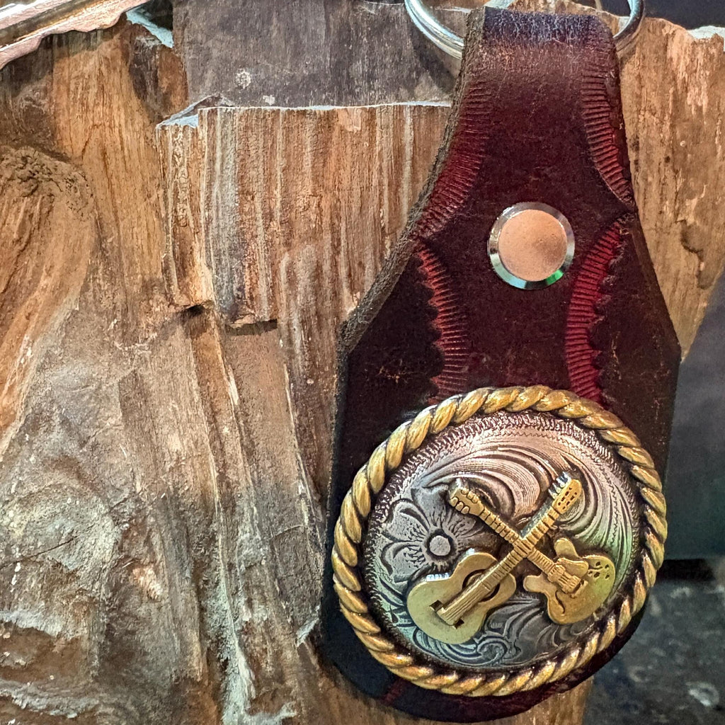 Handmade Tooled Leather Guitar Keychain: Burgundy, Brown, Western Style Fob