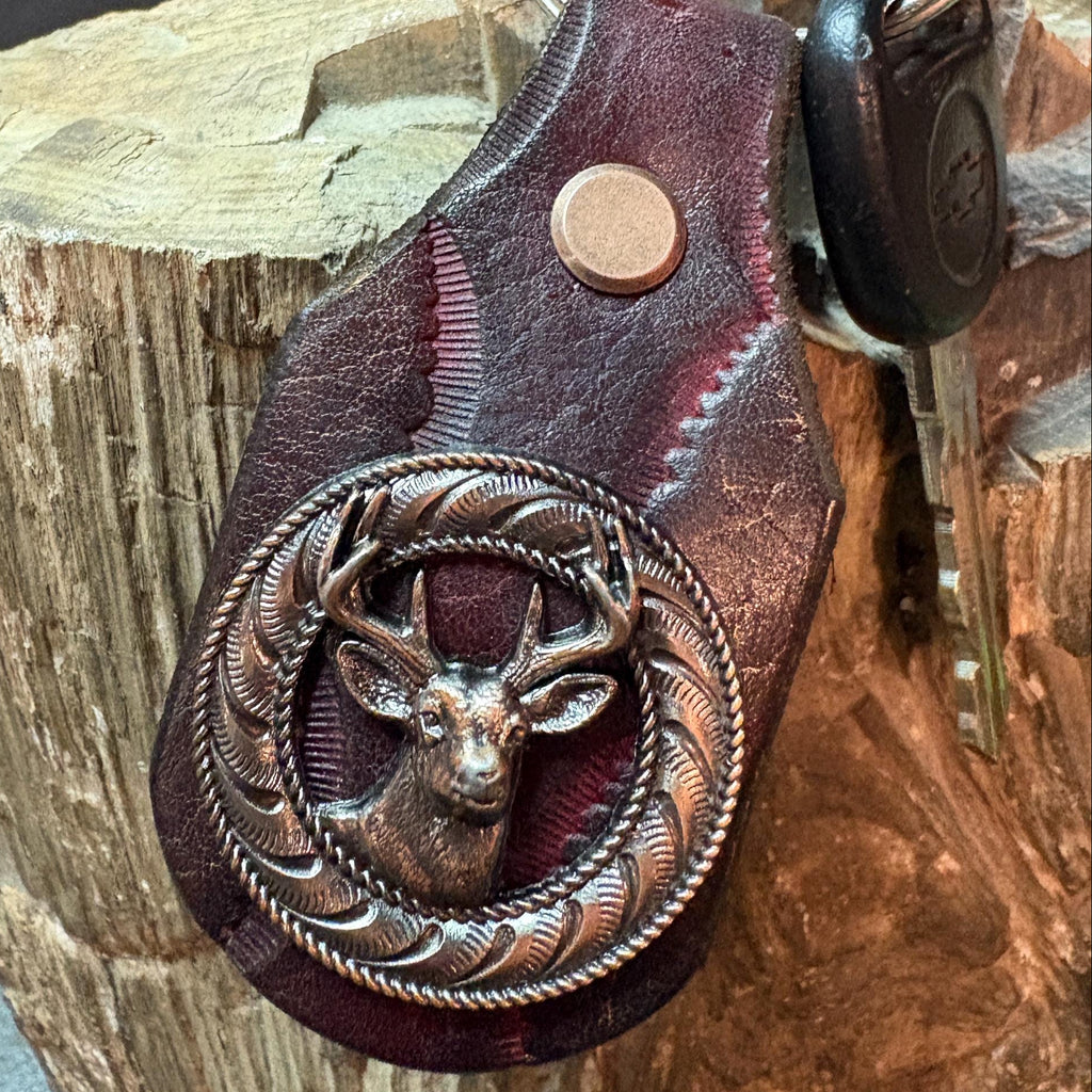 Deer Keychain: Antler, Wildlife, Handmade Leather Hunting Burgundy Brown Western Style Key Fob