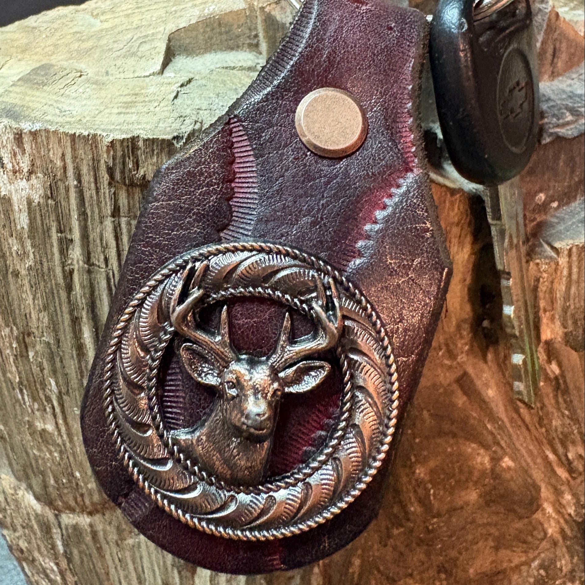 Deer Keychain: Antler, Wildlife, Handmade Leather Hunting Burgundy Brown Western Style Key Fob