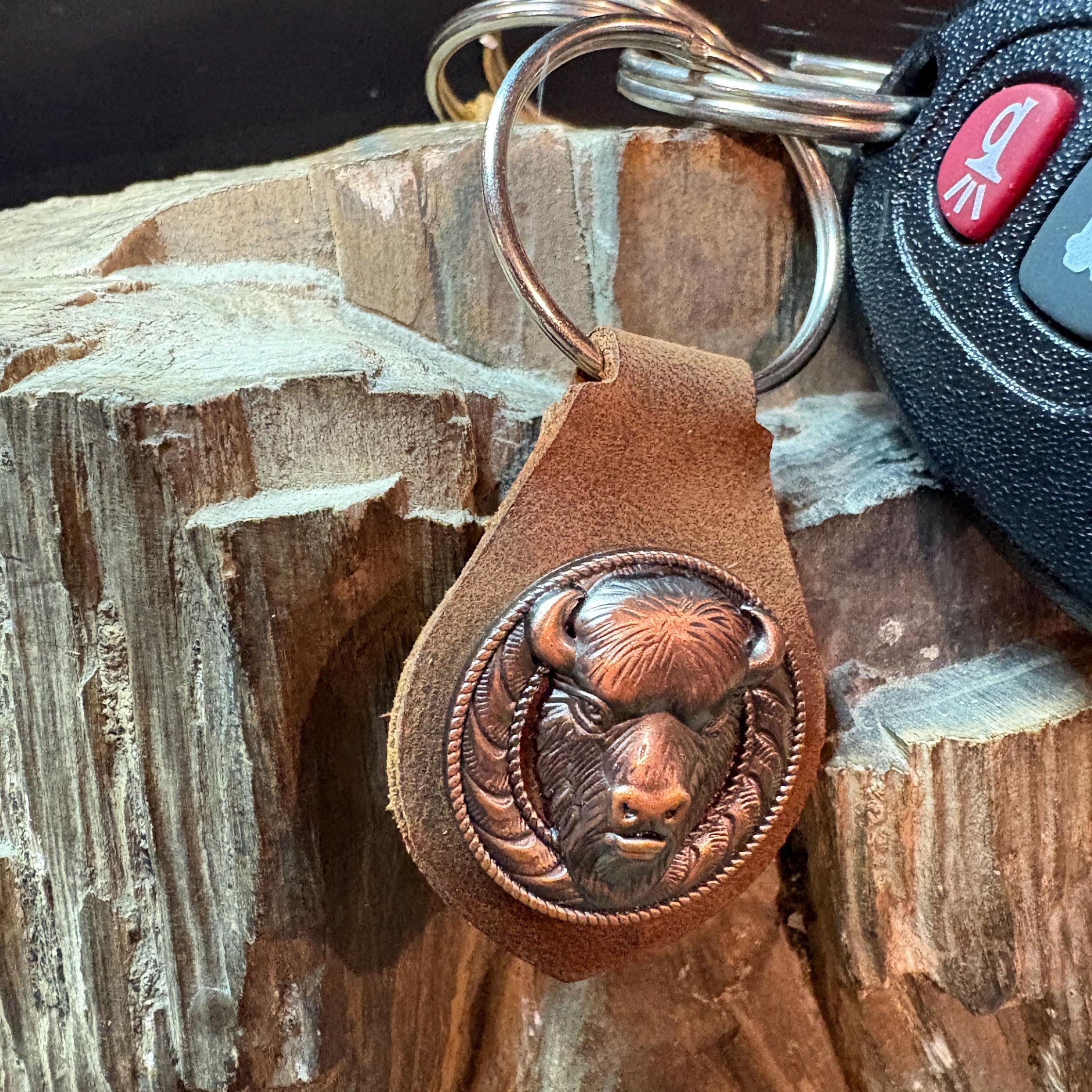 Buffalo Keychain, Western Brown Leather Accessory, Bison Leather Keychain, Bison, Buffalo, Handmade Keychain