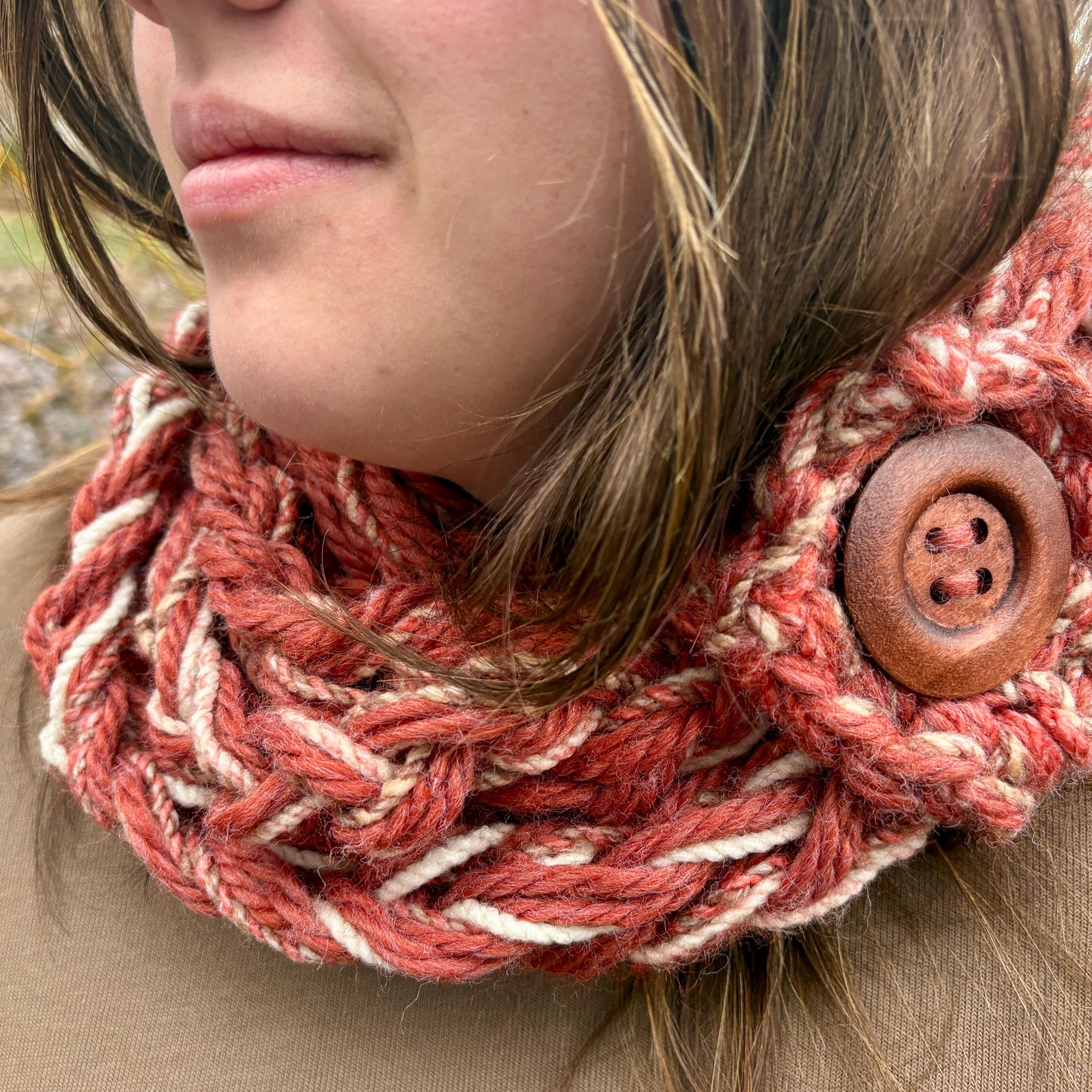 Burnt orange button scarf: beige and rust adjustable snood cowl