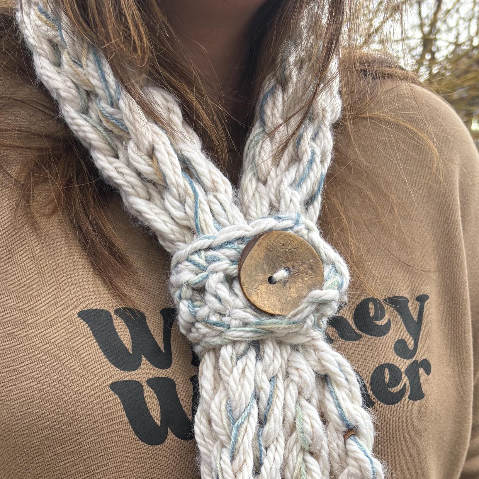 Chunky Knit Button Infinity Scarf, Oatmeal Cream Rope Scarf