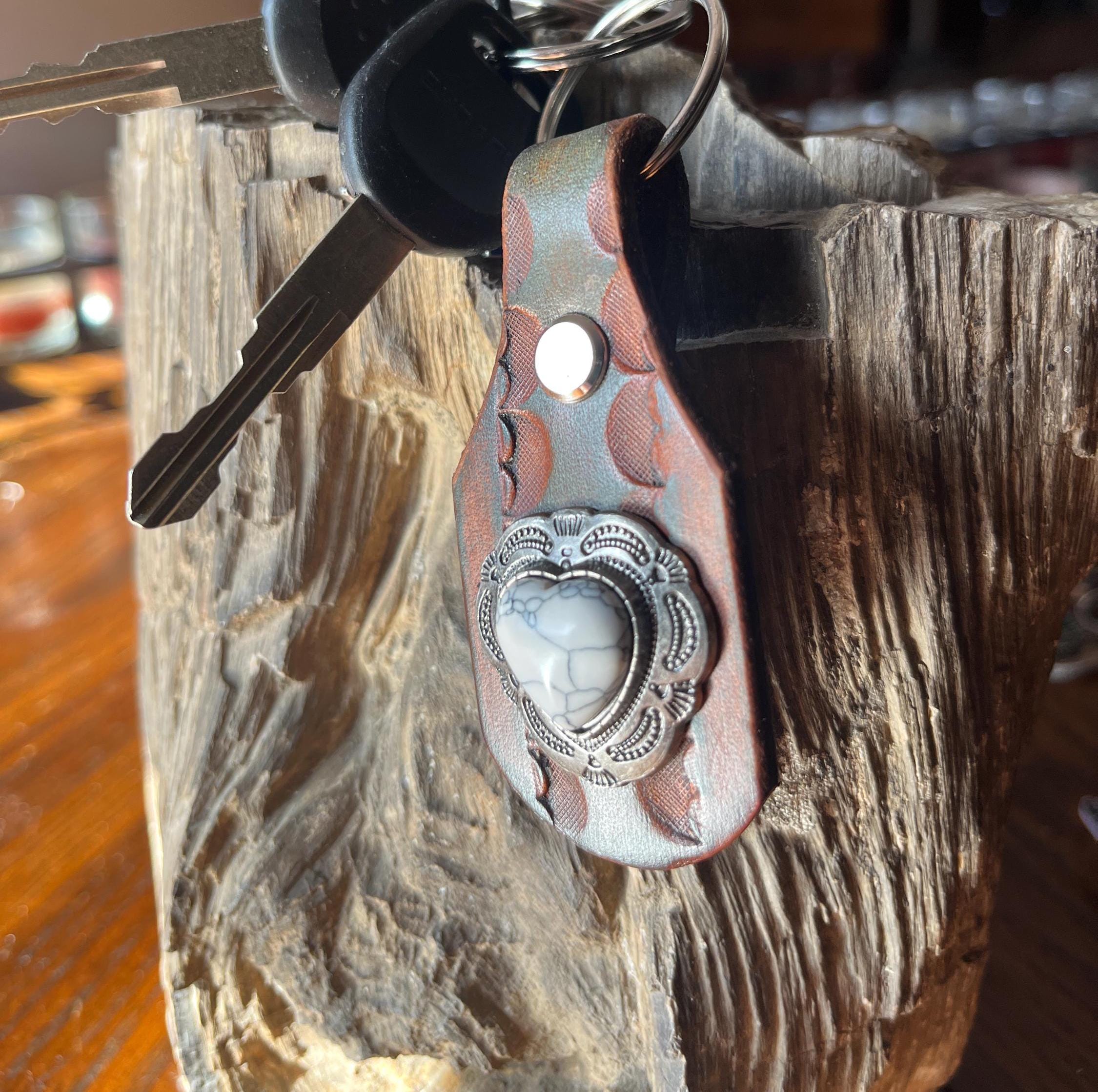 Heart Keychain: White Turquoise Handmade Leather Keychain Key Fob