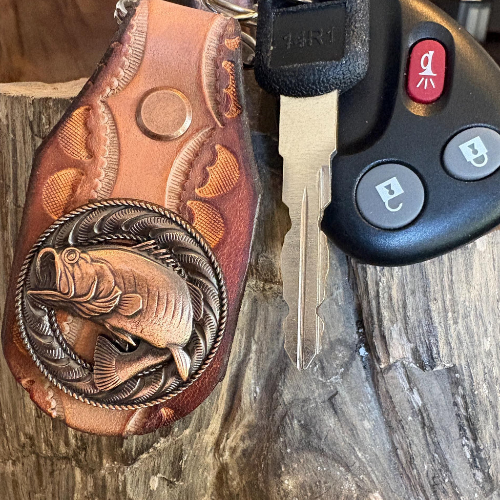 Handmade Brown Leather Fishing Keychain, Large Mouth Bass, Bass Fishing Gift
