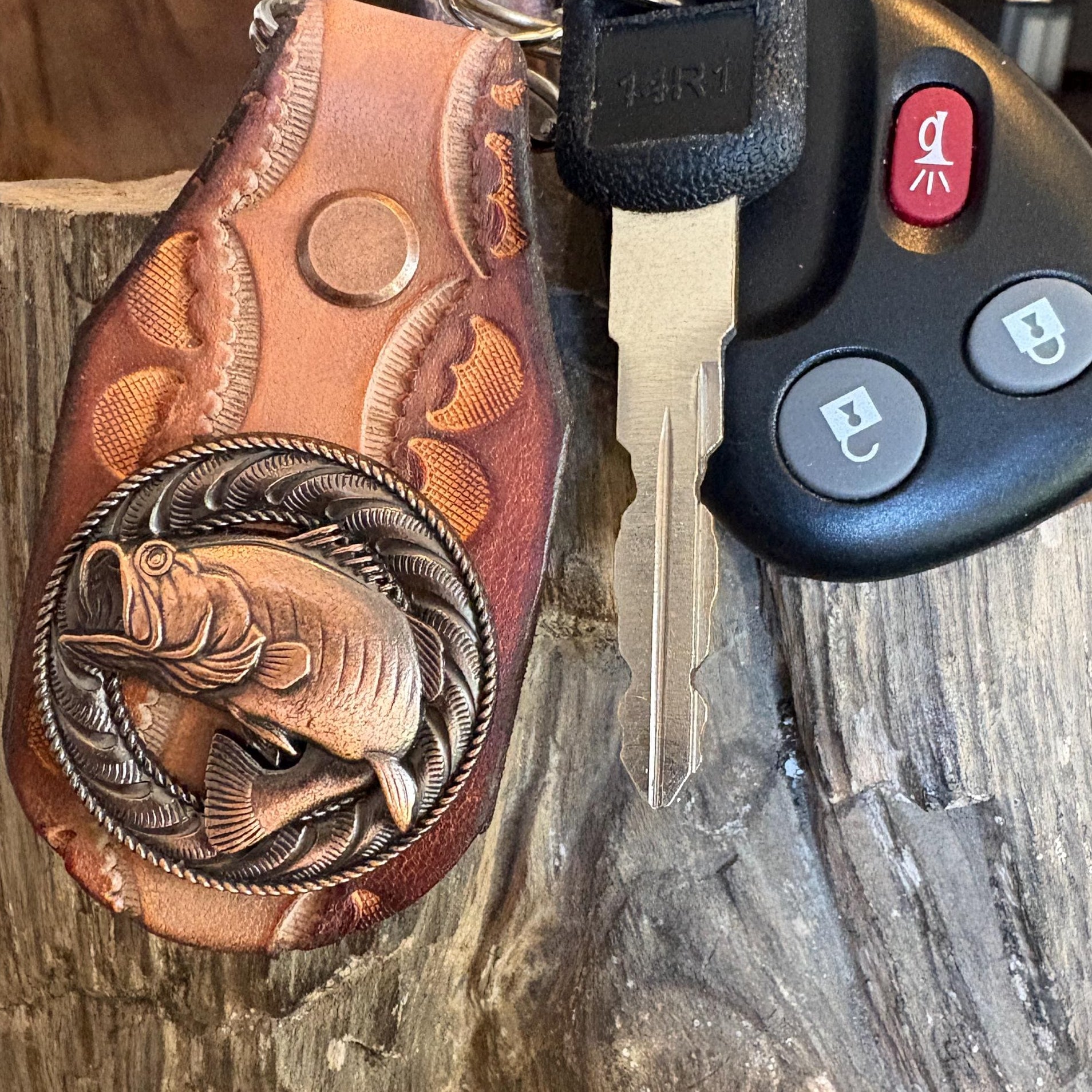 Handmade Brown Leather Fishing Keychain, Large Mouth Bass, Bass Fishing Gift