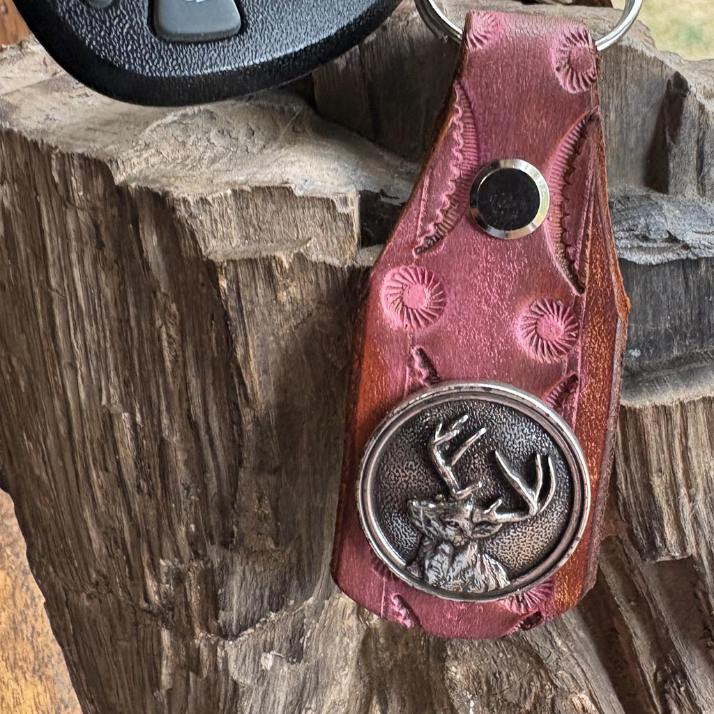 Deer Keychain: Antler, Handmade Leather Jet Fob, Western Style Concho