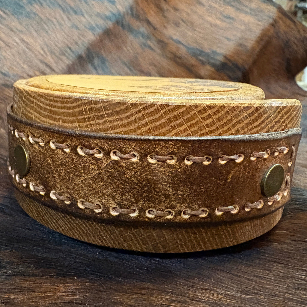 Handmade Rustic Oak & Leather Coaster Set, 4 Pieces