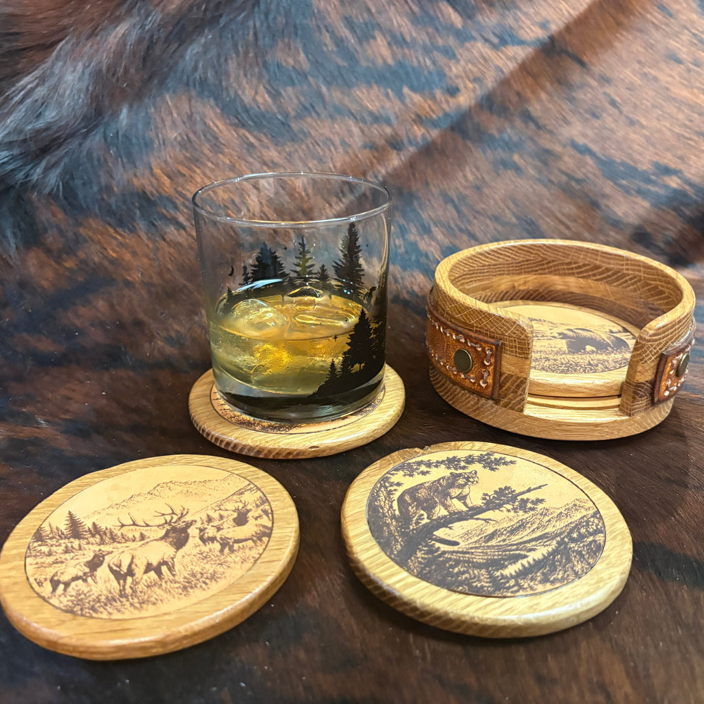 Handmade Rustic Oak & Leather Coaster Set, 4 Piece Set