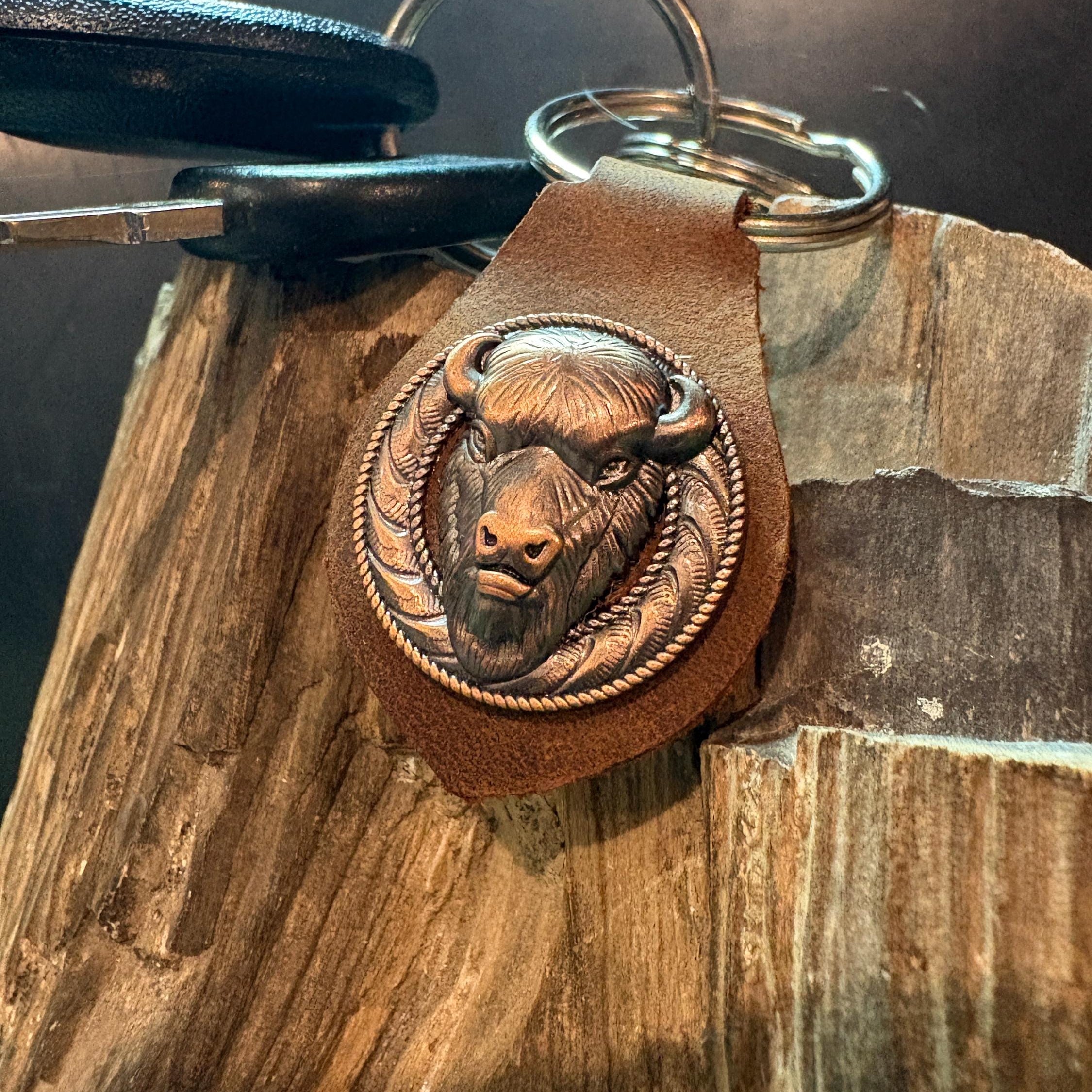 Buffalo Keychain, Western Brown Leather Accessory, Bison Leather Keychain, Bison, Buffalo, Handmade Keychain