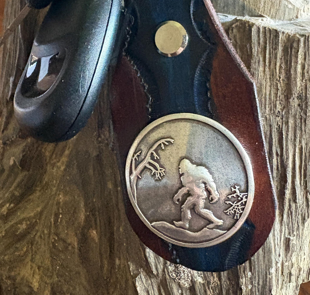 Sasquatch Handmade Leather Keychain: Tooled Bigfoot Accessory Brown and Blue