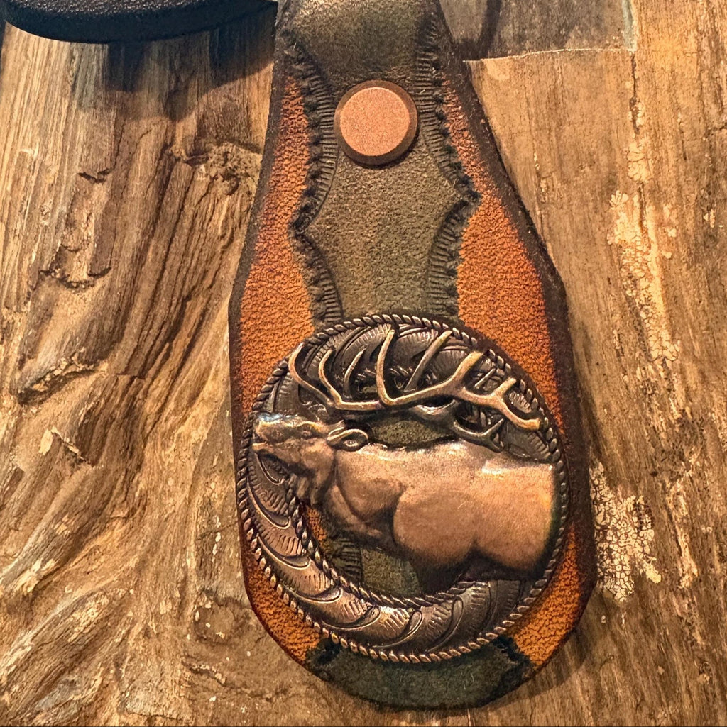 Elk Keychain: Handmade Tooled Leather, Copper Concho, Western Style, Stagg