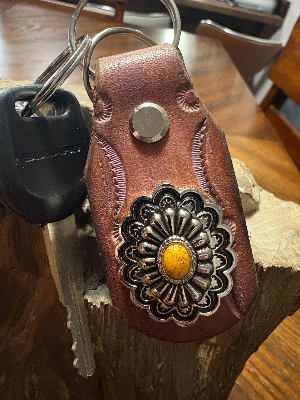 Floral Keychain: Handmade Leather Floral Keychain, Brown and Pink Flower Key Fob