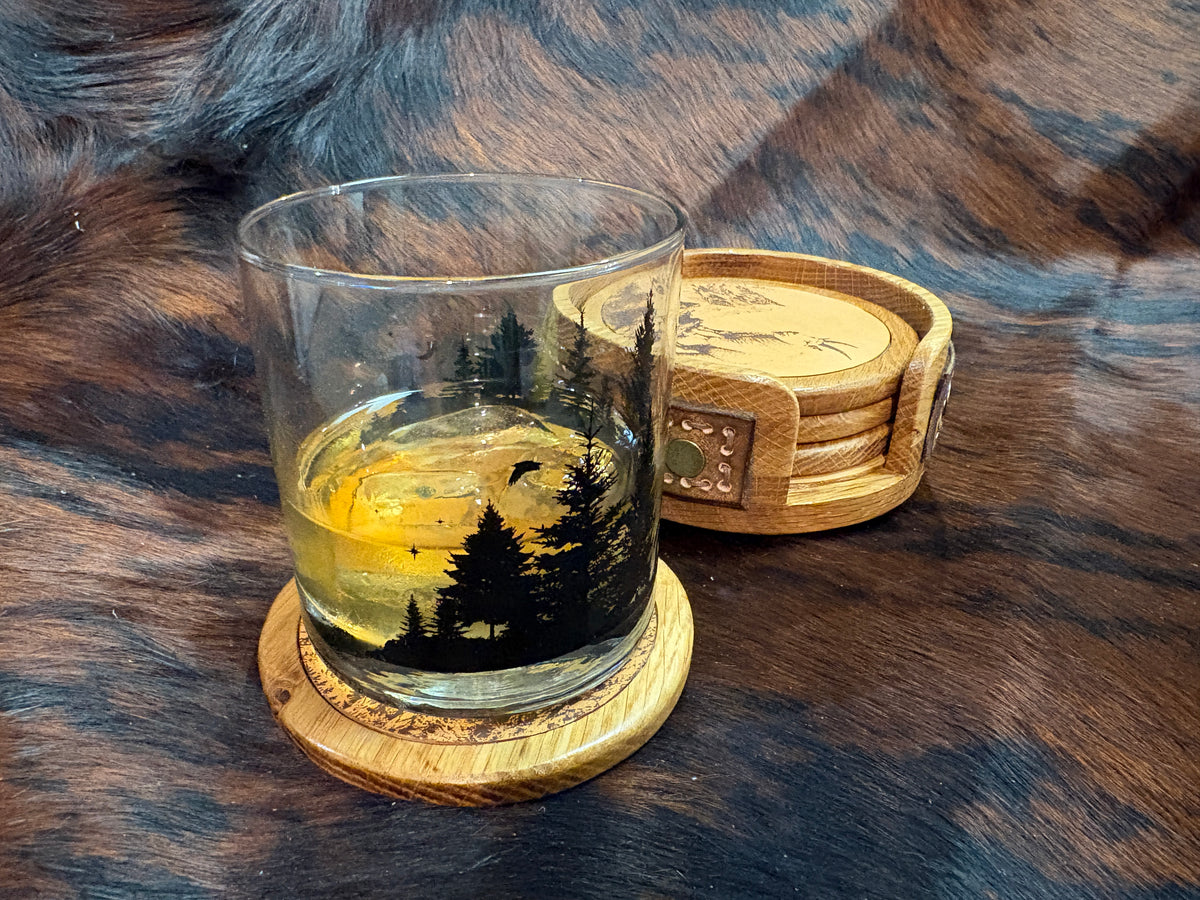 Handmade Rustic Oak & Leather Coaster Set, 4 Pieces