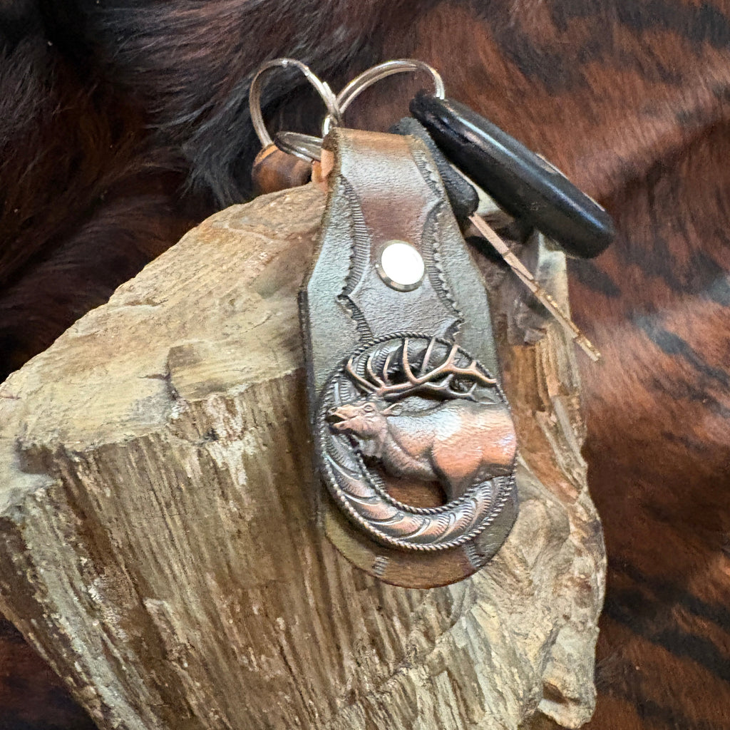 Elk Keychain: Handmade Tooled Leather, Copper Concho, Western Style, Stagg