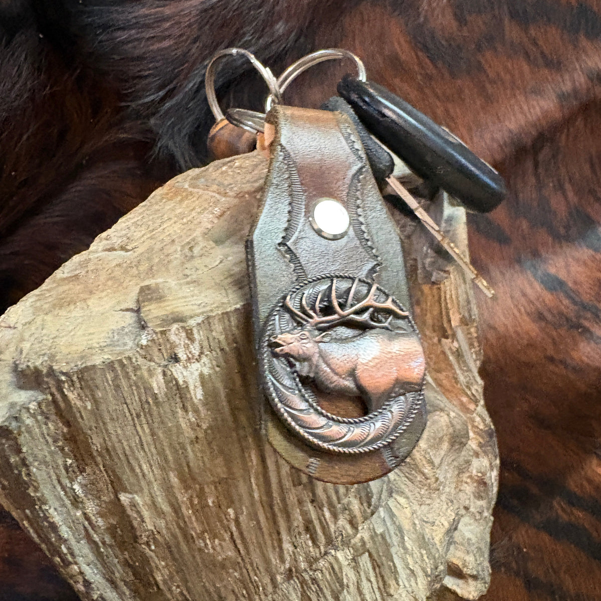 Elk Keychain: Handmade Tooled Leather, Copper Concho, Western Style, Stagg