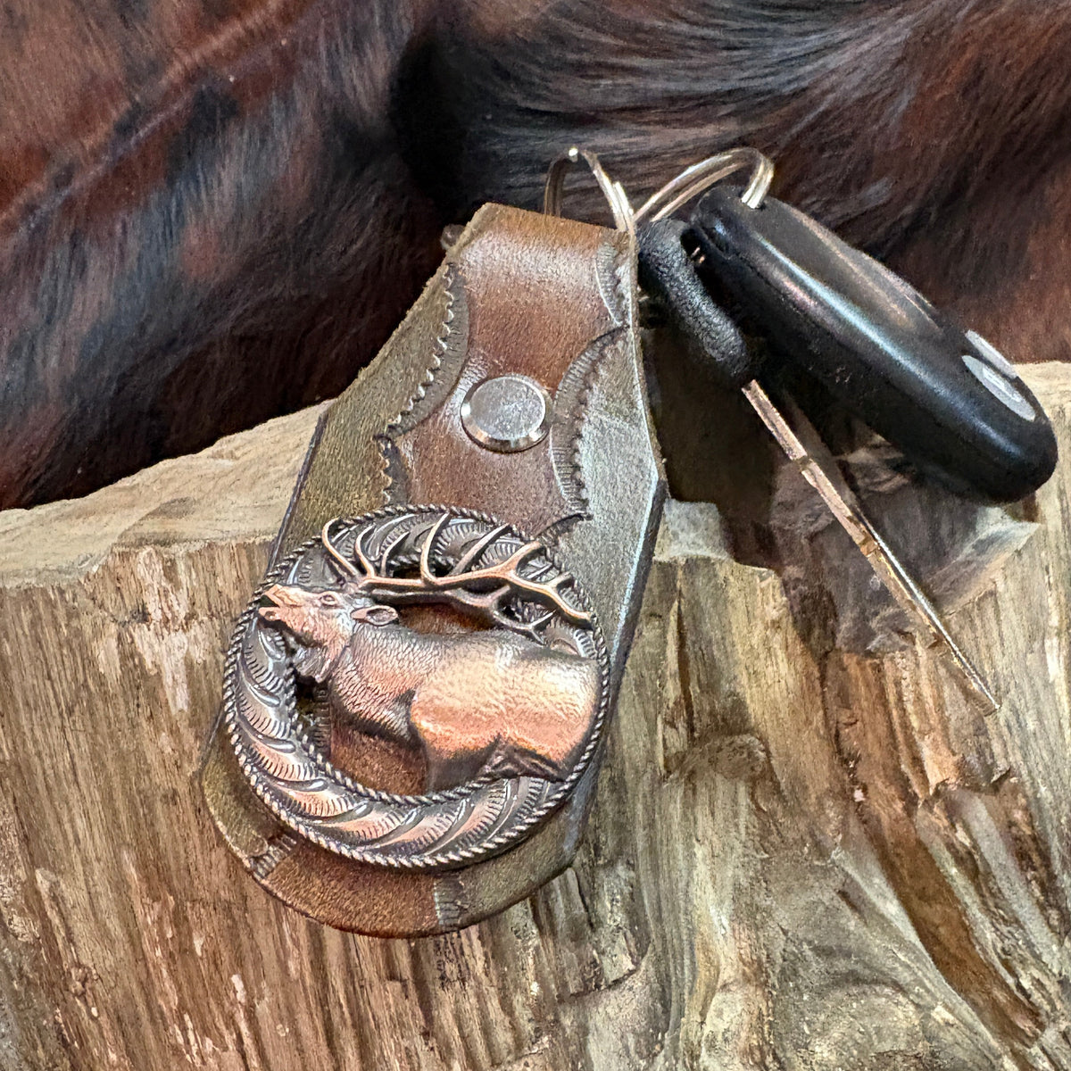 Elk Keychain: Handmade Tooled Leather, Copper Concho, Western Style, Stagg