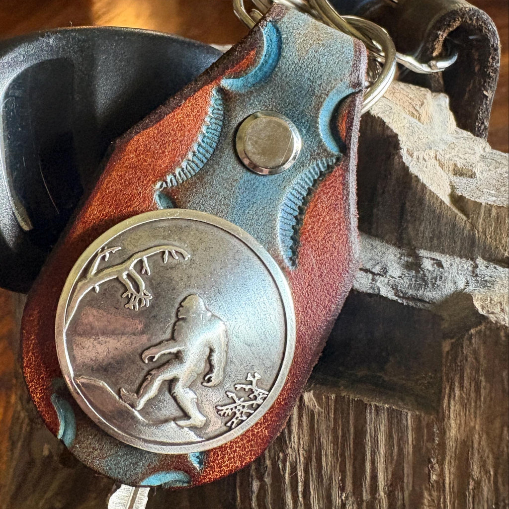 Sasquatch Handmade Leather Keychain: Tooled Bigfoot Accessory Brown and Turquoise