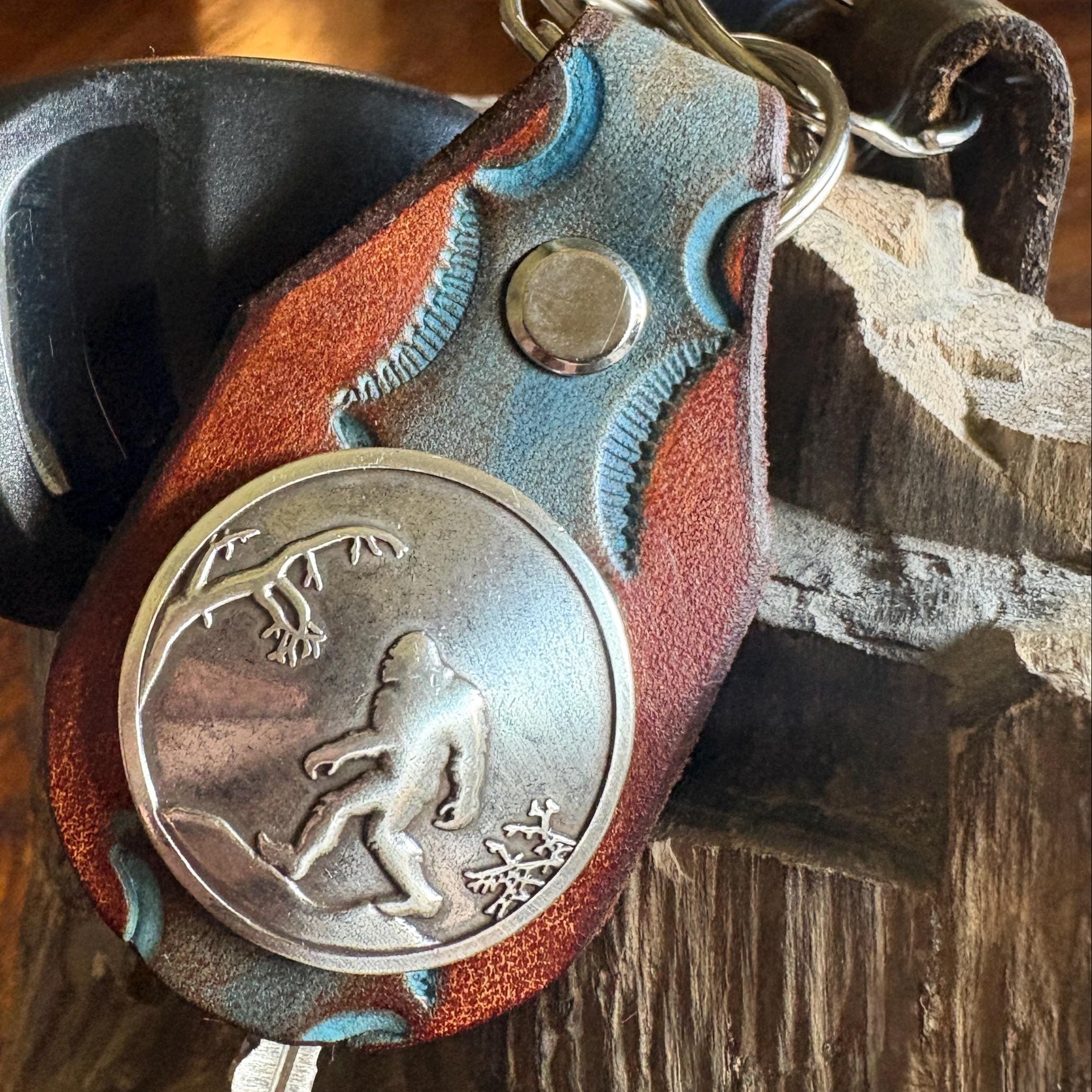 Sasquatch Handmade Leather Keychain: Tooled Bigfoot Accessory Brown and Turquoise