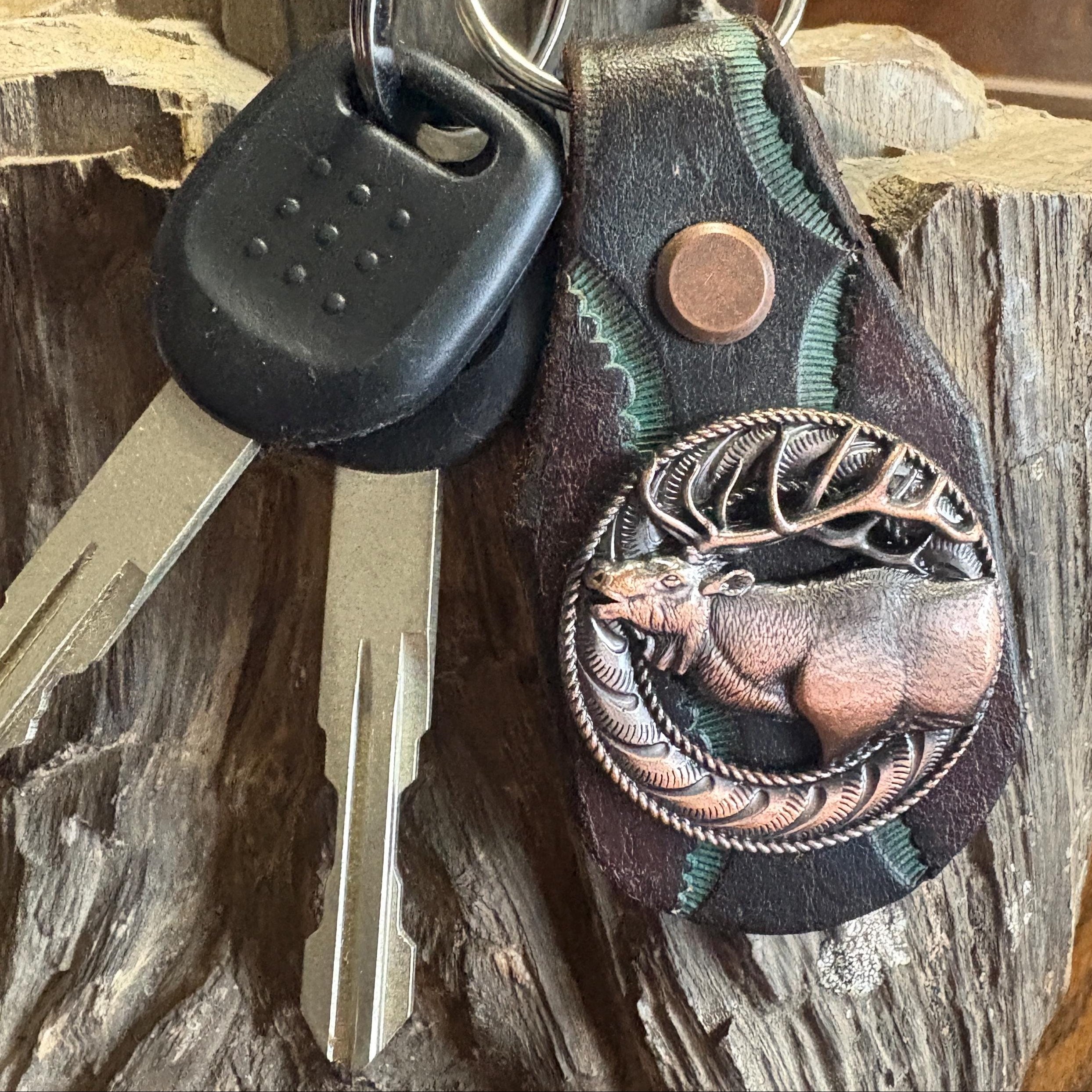 Elk Keychain: Handmade Tooled Leather, Copper Concho, Western Style, Stagg