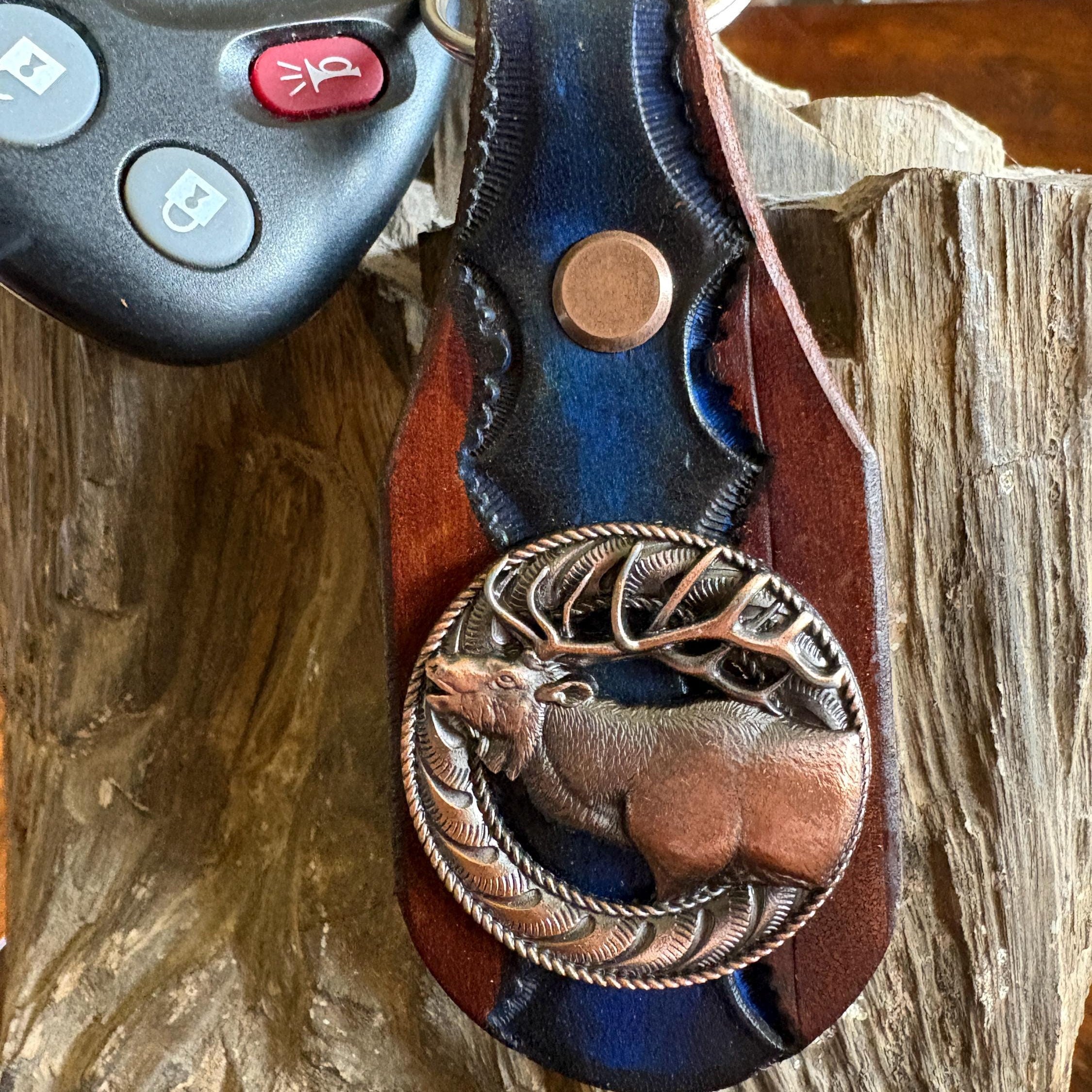 Leather Elk Keychain: Hand Tooled Leather Key Fob, Copper Elk Concho, Western Style