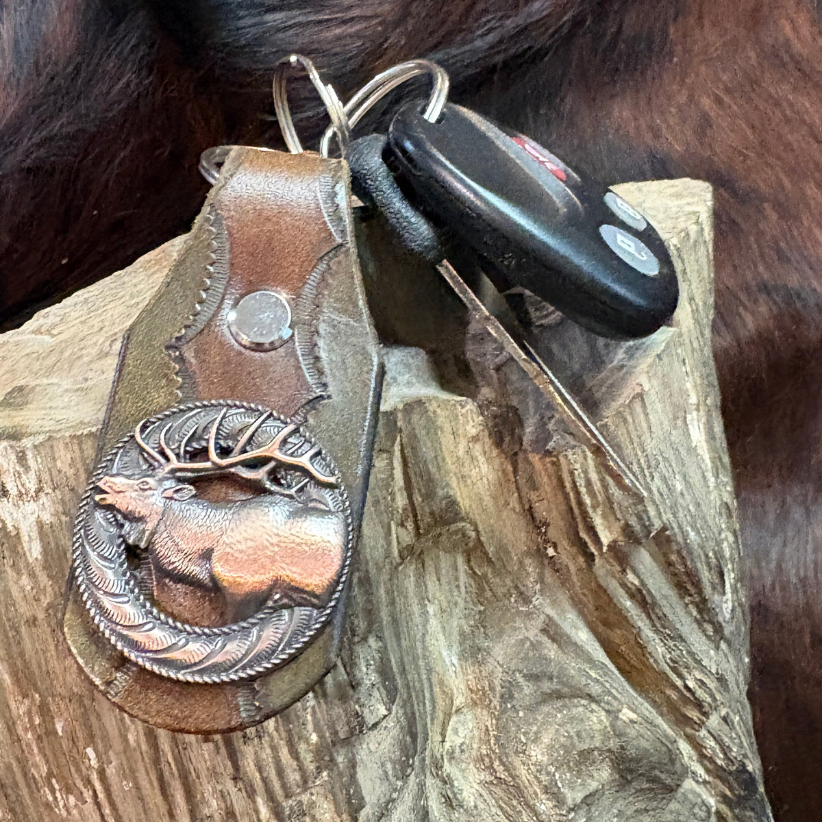 Elk Keychain: Handmade Tooled Leather, Copper Concho, Western Style, Stagg