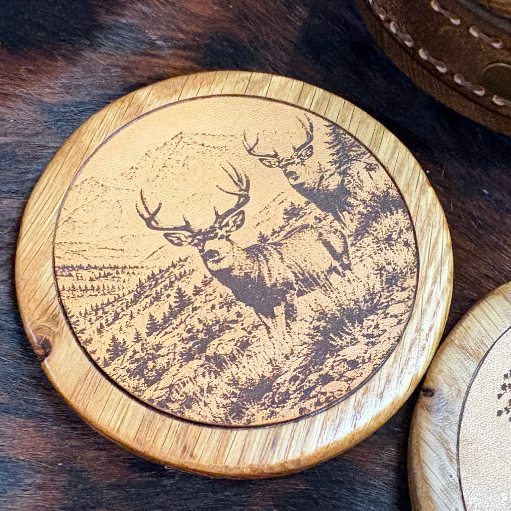 Handmade Rustic Oak & Leather Coaster Set, 4 Pieces