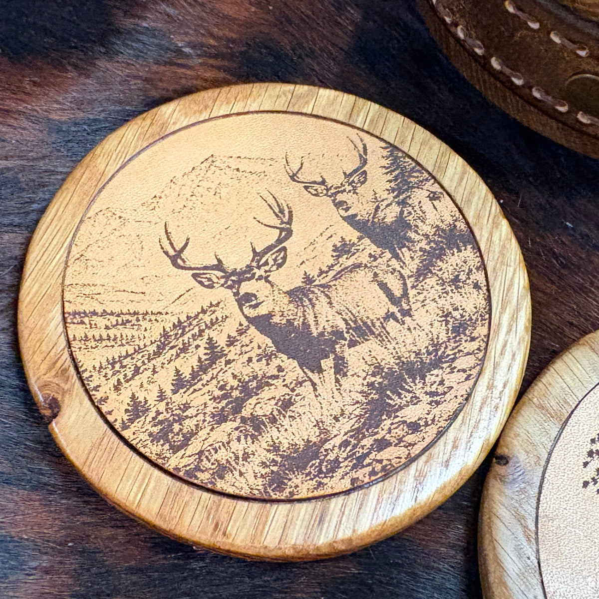Handmade Rustic Oak & Leather Coaster Set, 4 Pieces