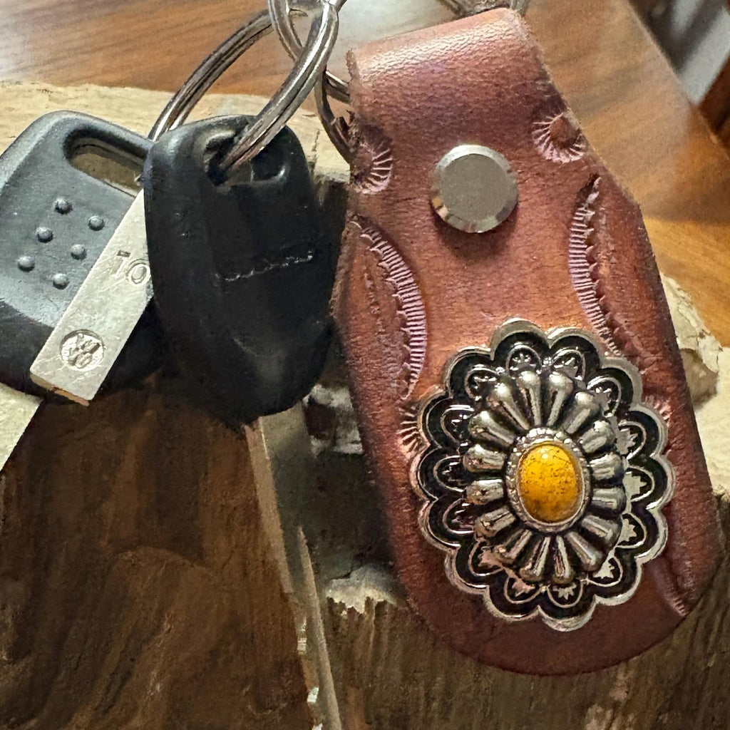 Floral Keychain: Handmade Leather Floral Keychain, Brown and Pink Flower Key Fob