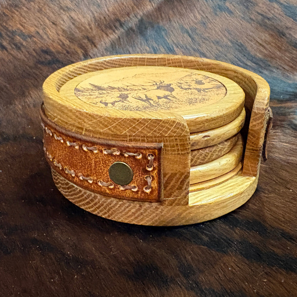 Handmade Rustic Oak & Leather Coaster Set, 4 Piece Set
