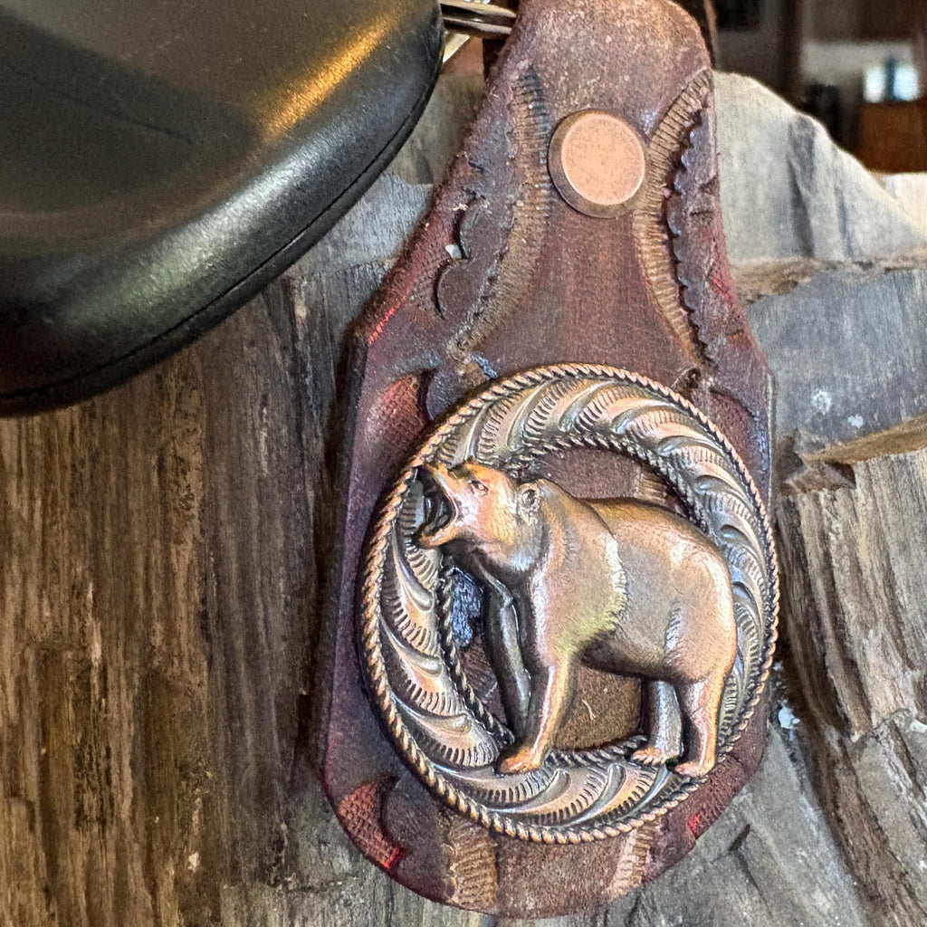 Leather Bear Keychain, Grizzley bear Keychain, Handmade Leather key ring, Bear, Grizzley, Western Style Brown Burgundy