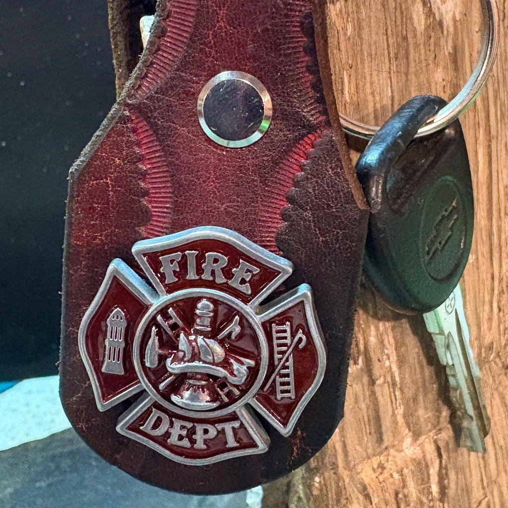 Fire Fighter Keychain: Handmade Leather Fireman Key Fob, First Responder Copper Concho, Western Style