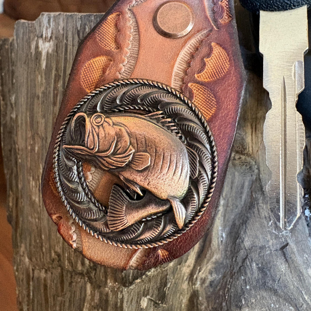 Handmade Brown Leather Fishing Keychain, Large Mouth Bass, Bass Fishing Gift