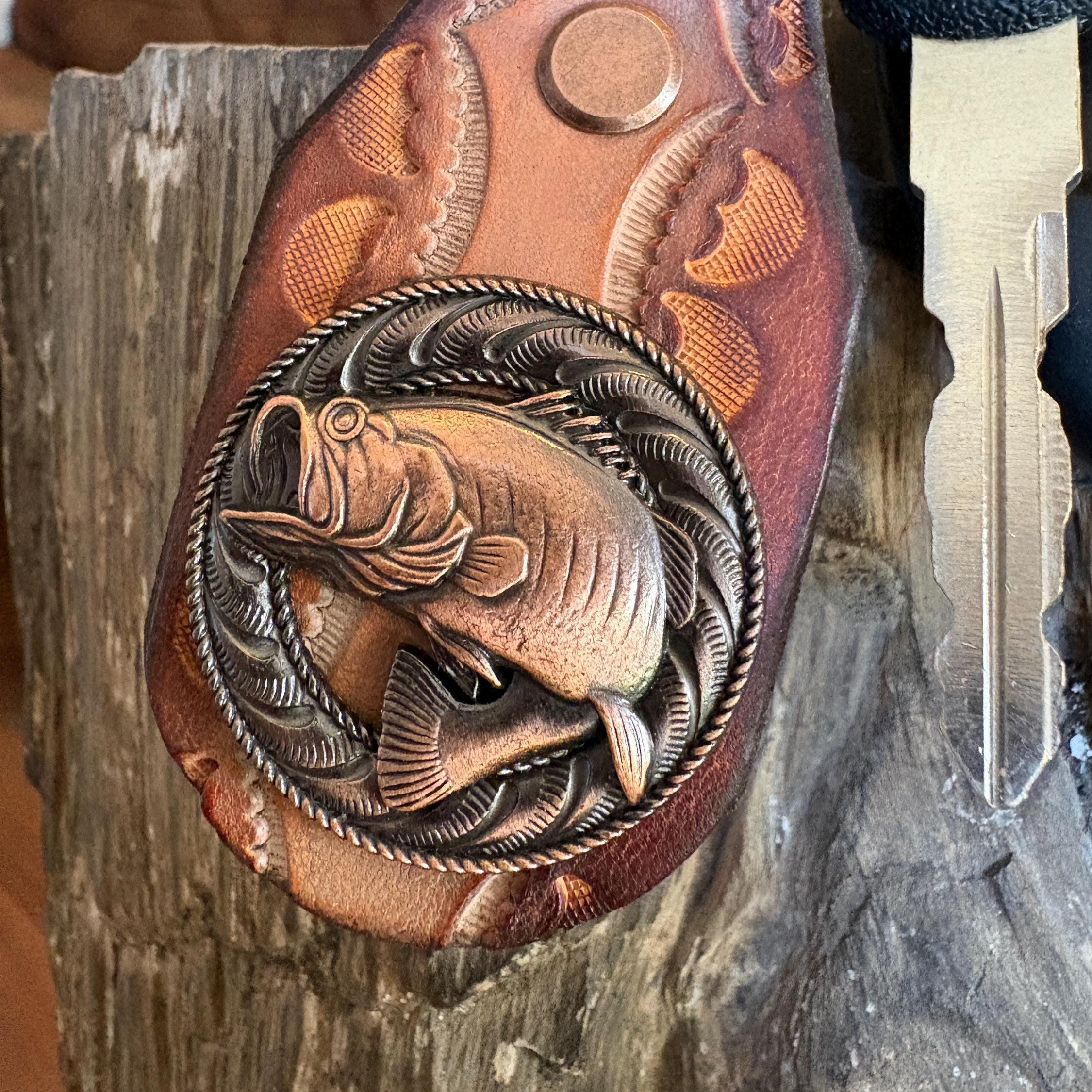 Handmade Brown Leather Fishing Keychain, Large Mouth Bass, Bass Fishing Gift