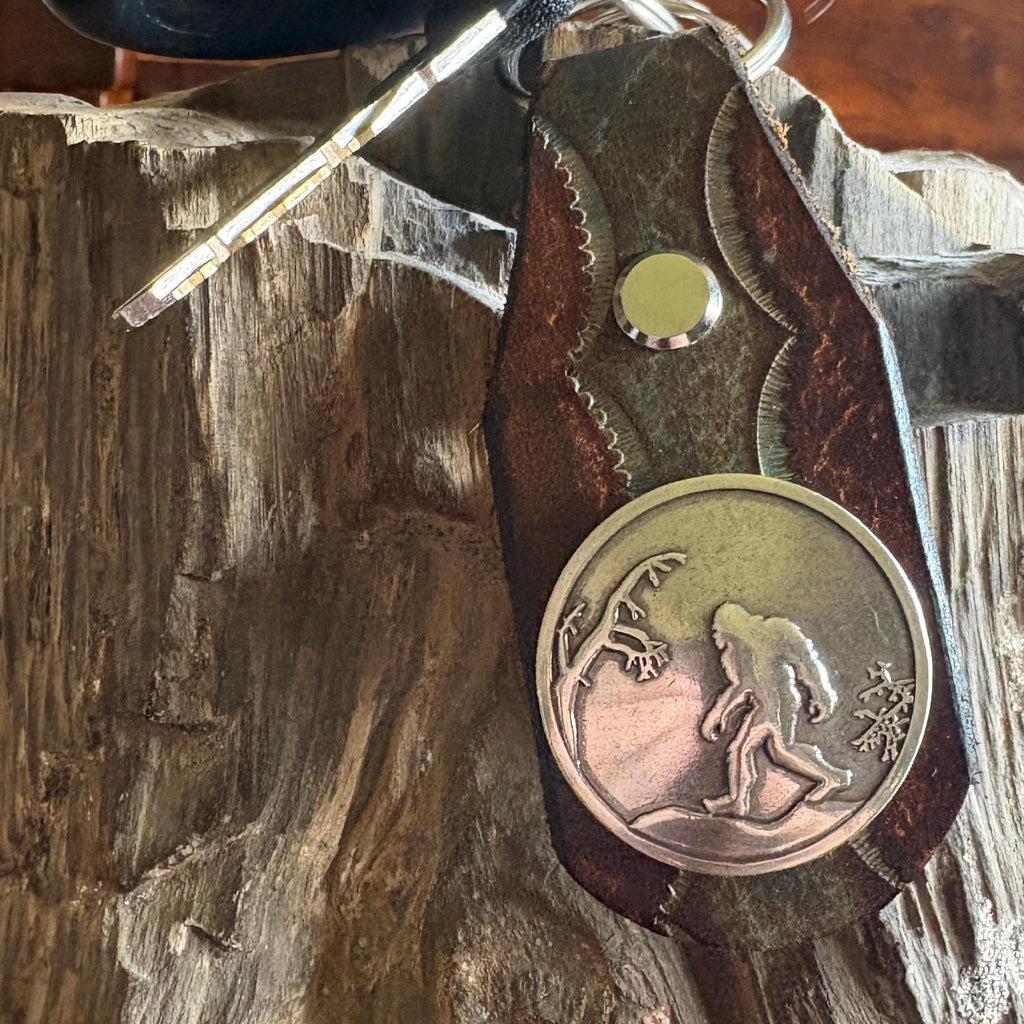 Sasquatch Handmade Leather Keychain: Tooled Bigfoot Accessory Turquoise Brown