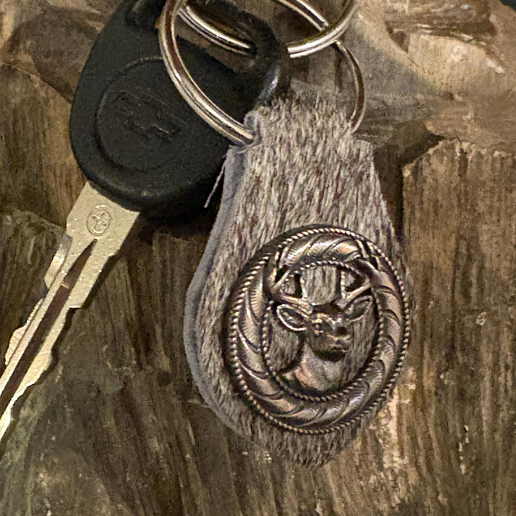 Handmade Hair-on Hide Leather Keychain with Deer Concho, Hunting Accessory