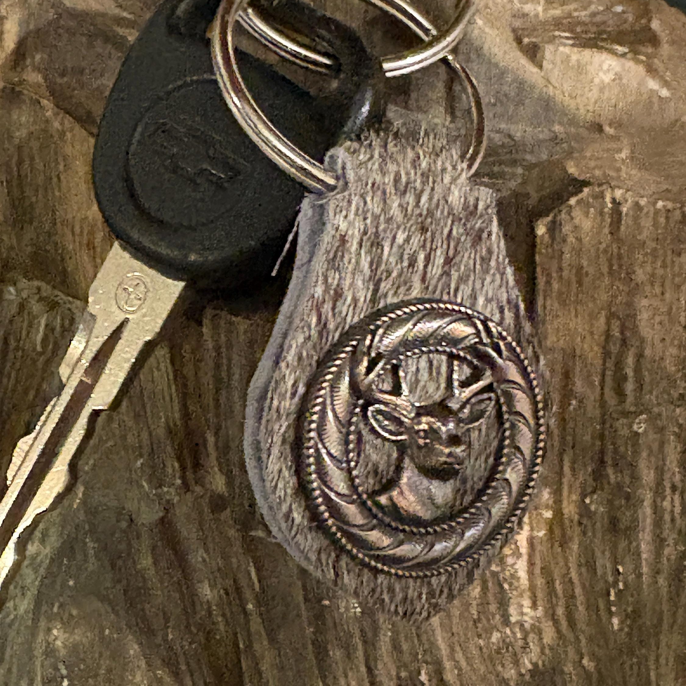 Handmade Hair-on Hide Leather Keychain with Deer Concho, Hunting Accessory